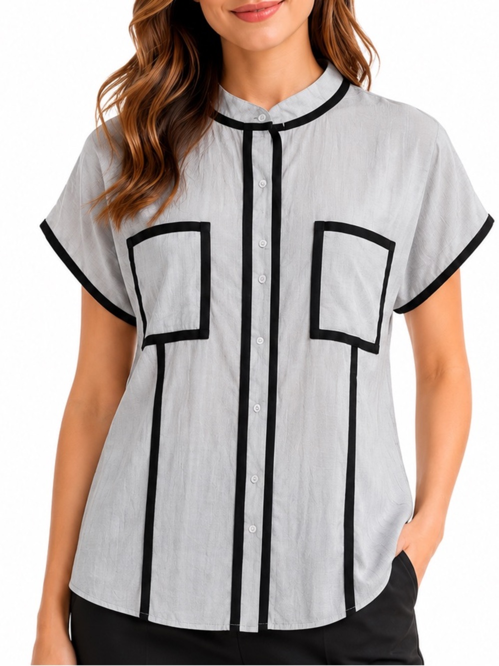 Cupcake Gray‎ Black Trim Tunic Minimalist Contrast Pocket Top Medium Office